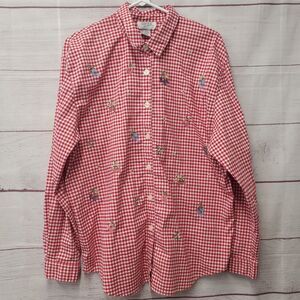 Teddi Women’s Red Check Shirt XL Embroidered Berries Roll Tab Sleeve Button Down
